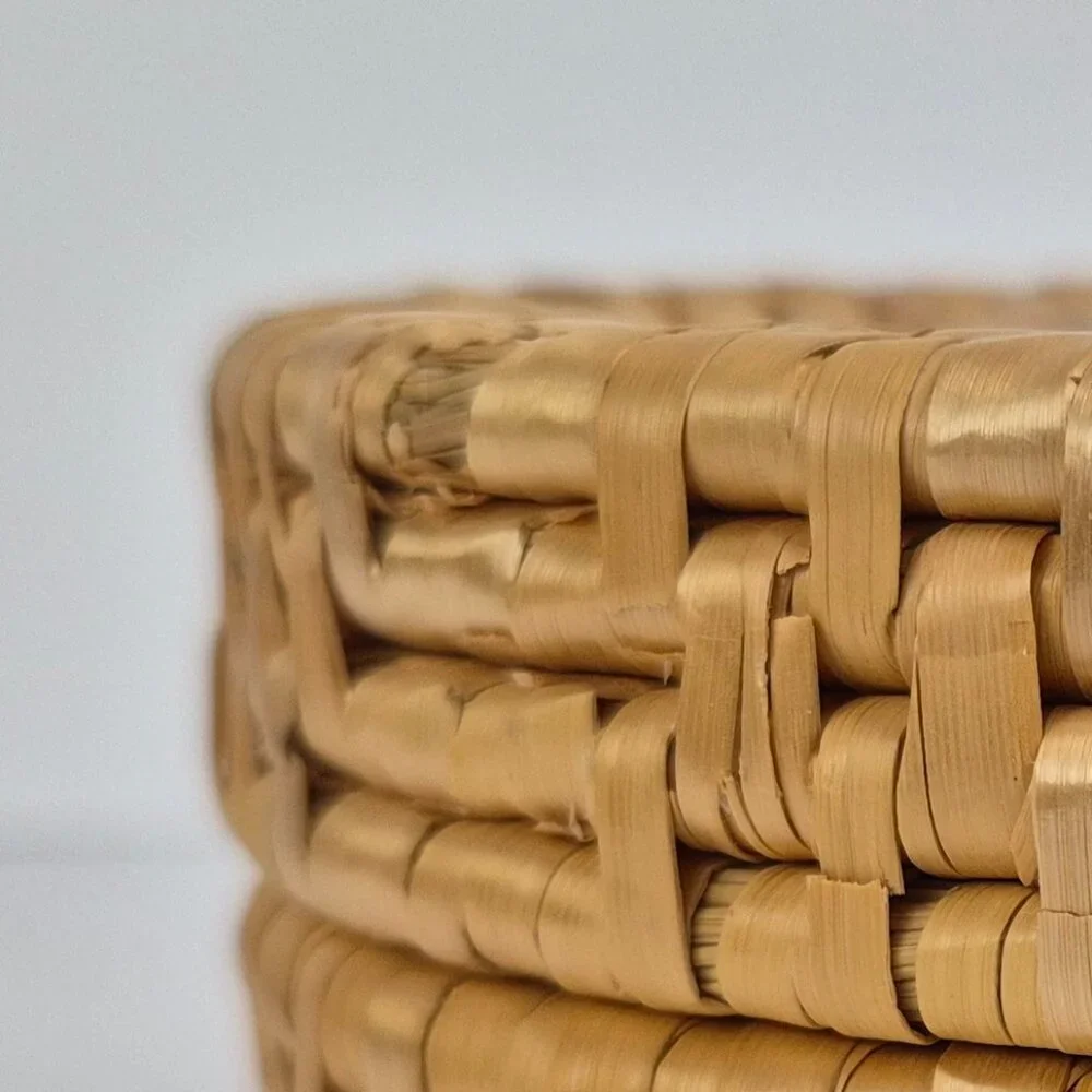 Vintage Wicker Rattan Coaster Set with Lidded Round Basket Case